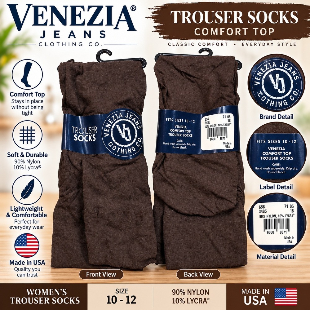 Venezia Jeans Clothing Co Womens Trouser Socks Brown Comfort Top Size 10-12 USA